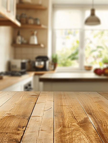 创意桌面产品展示空的木桌和模糊的厨房背景