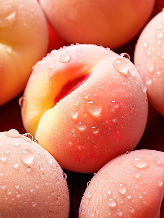 创意新鲜的桃子水滴水珠水果平铺水蜜桃生鲜摄影配图