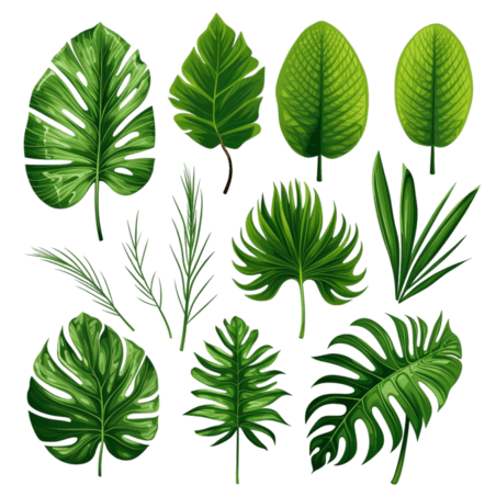 夏天植物绿色热带棕榈叶的向量集