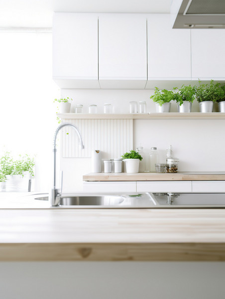 创意干净的厨房绿植白色干净明亮桌子产品摄影背景