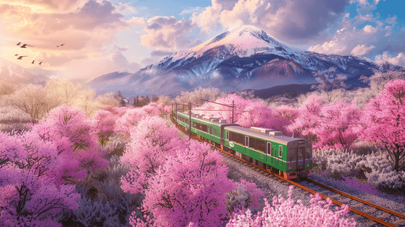 春天春季日本旅游樱花高铁火车列车花海远山富士山