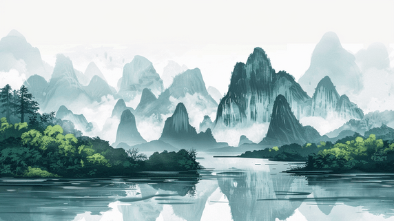 创意简约唯美户外山水风景的桂林中国风水墨插画