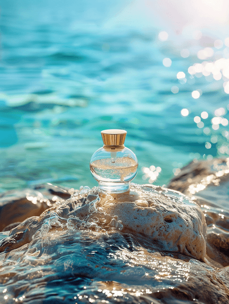 蓝色水面补水化妆品瓶子美妆夏天大海礁石背景