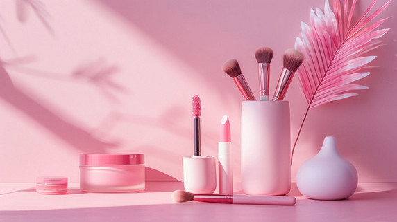 创意粉色美妆简约化妆品合成创意素材背景