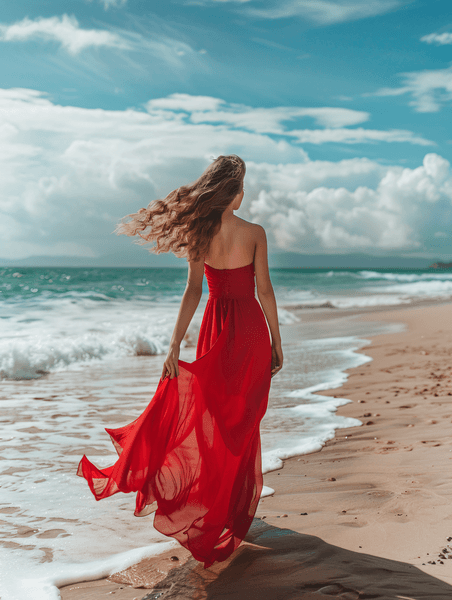 夏天夏季大海旅游旅行度假模特美女海边红裙少女摄影图