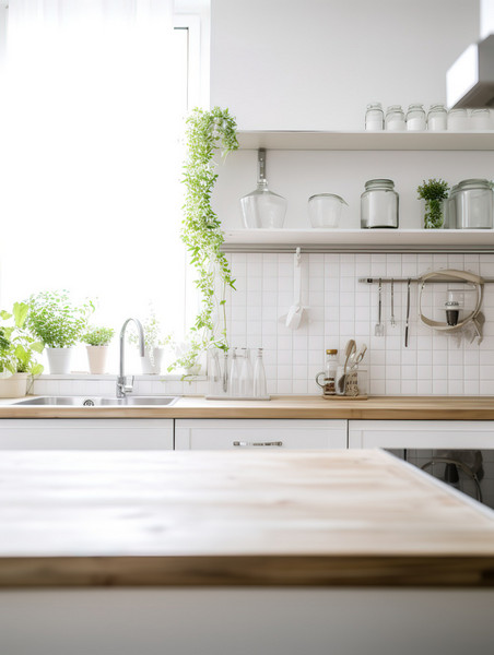 创意原木风干净明亮桌子干净的厨房绿植白色色调7