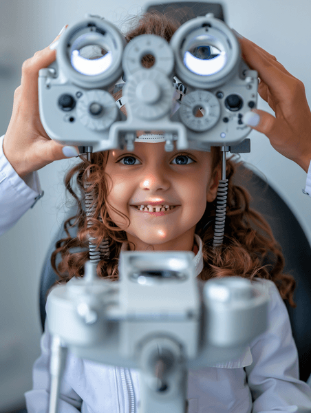 医疗健康眼科在验光机构里检查视力验光的小女孩和验光师