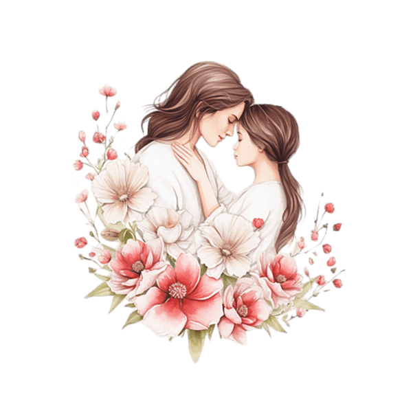 母亲节母婴亲子关系温馨创意母子鲜花元素水彩免抠图案