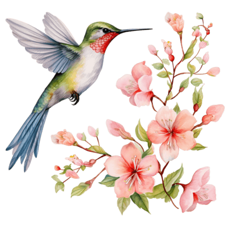 水彩花朵植物鸟类桃花元素免抠图案