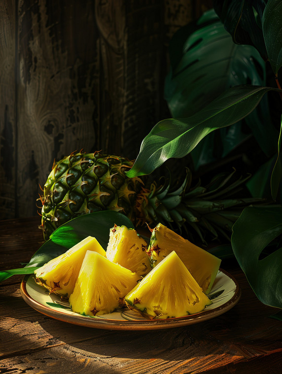 生鲜摆盘创意一盘切块的菠萝水果