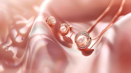 创意珍珠的项链和耳环照片粉色浪漫珠宝