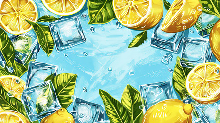 夏天夏季柠檬冰块绿叶边框背景清凉边框