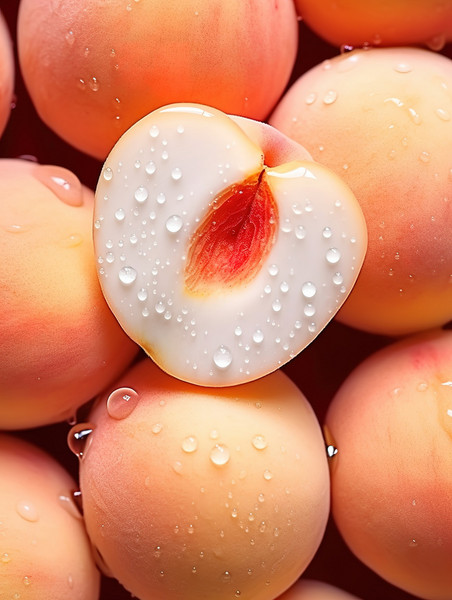 水果平铺水蜜桃生鲜新鲜的桃子水滴水珠图片