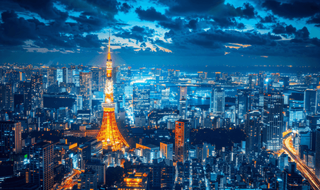 创意日本东京梦幻夜景城市都市摩天大楼办公楼