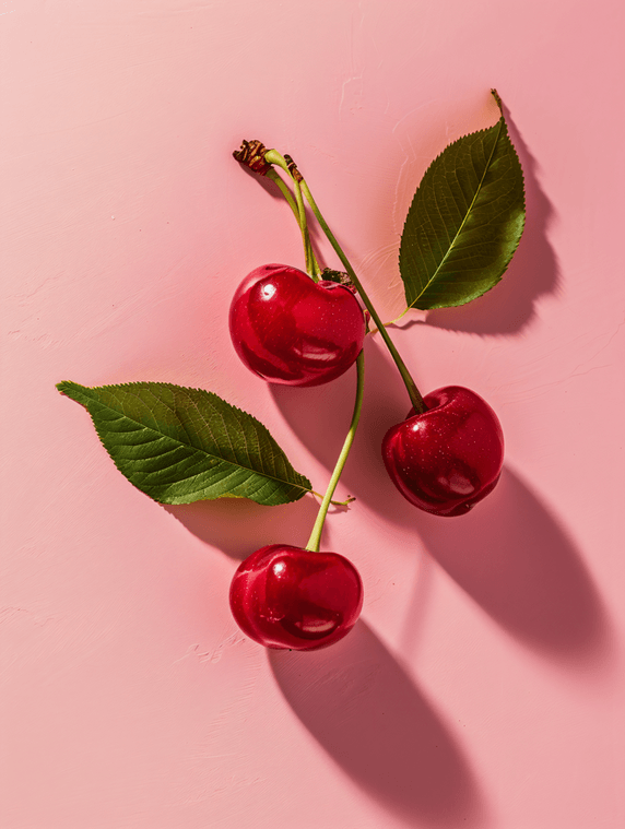 创意粉色水果平铺樱桃植物摄影图
