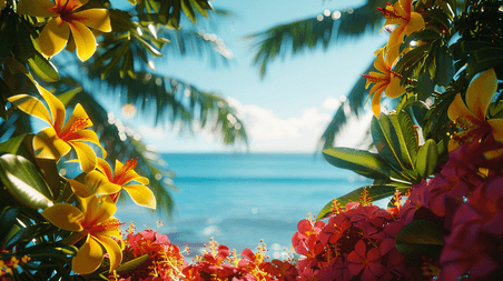 创意缤纷唯美海边花朵树叶风景的大海背景