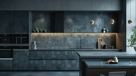 创意高端现代化深灰色开放厨房橱柜高清摄影图
