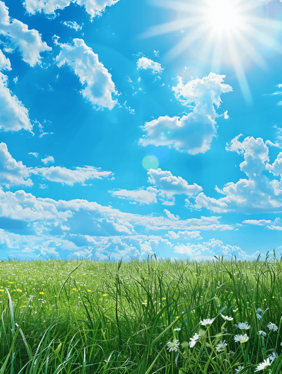 创意夏天蔚蓝色的天空草坪草地植物春天公园