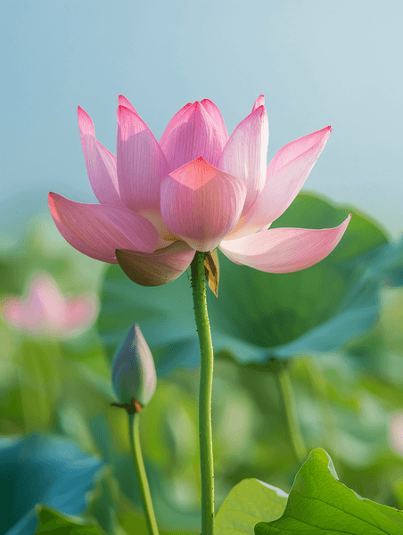 创意池塘里一朵粉红色大荷花夏天夏季花朵植物清新摄影图