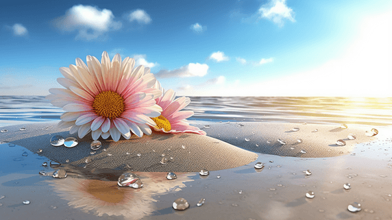 夏天夏季大海花朵海边沙滩透明爱心