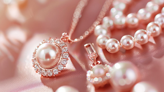 创意粉色浪漫珠宝珍珠的项链和耳环高清图片