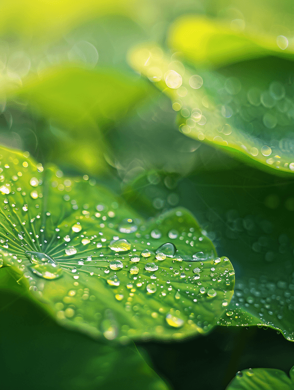 创意夏天荷塘荷叶绿色露水水滴摄影图