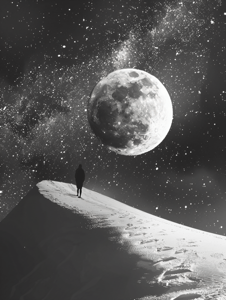 创意满月天空夜晚中秋圆月宇宙月球抽象高山人物仰望银河