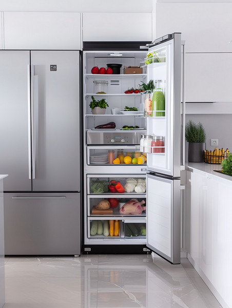 创意厨卫装修现代厨房打开的冰箱摄影配图