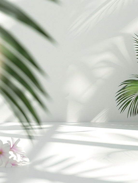 简约电商展台空荡荡的房间鲜花和棕榈叶的影子背景