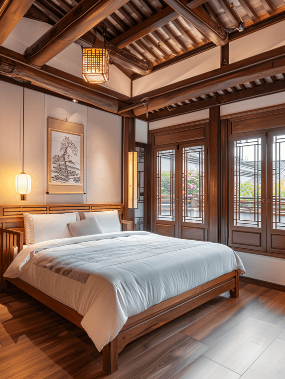 创意中国风新中式莫干山民宿酒店内景大床房