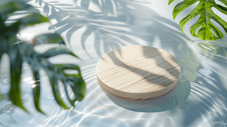 夏天夏季清新简约光影水面木桌展台木盖绿叶漂浮素材背景