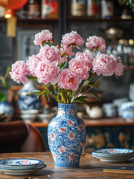创意优雅中国风青花瓷花瓶粉红色牡丹高清图片
