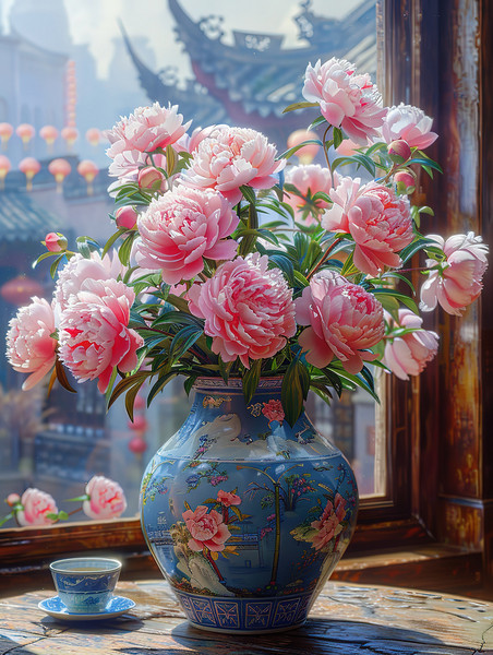 创意青花瓷花瓶优雅中国风粉红色牡丹照片