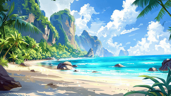 夏天夏季蓝色唯美户外椰树大海沙滩的背景