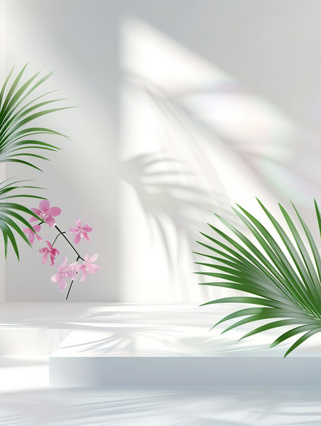 房间鲜花和棕榈叶的影子白色清新光影夏天展台背景素材