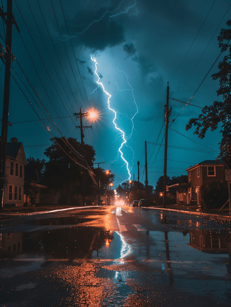 创意极端城市雷雨闪电天气白天雷阵雨城市城市暴雨摄影图