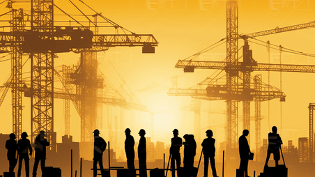 创意五一劳动节黄色工程城市建筑工地工人工作剪影背景