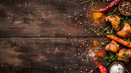 创意香料鸡腿立体描绘餐饮美食木桌木头生鲜背景摄影照片
