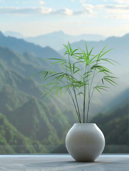 创意白色花瓶小竹叶插花植物盆栽优雅文艺中国风摄影图