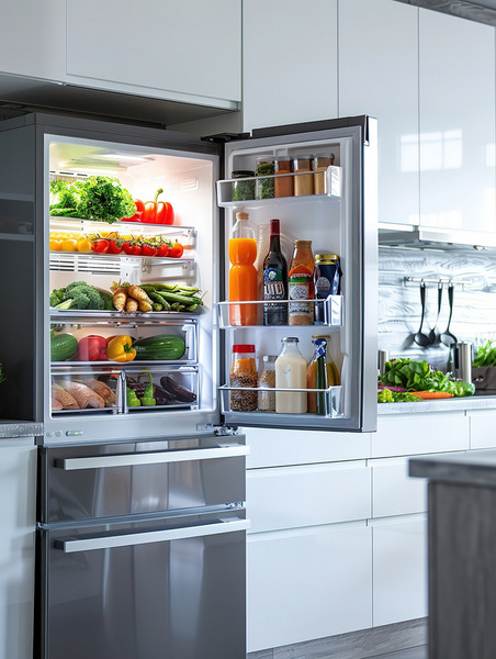创意现代厨房打开的冰箱摄影配图