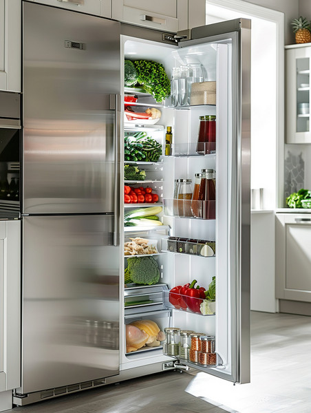 创意现代厨房打开的冰箱高清摄影图