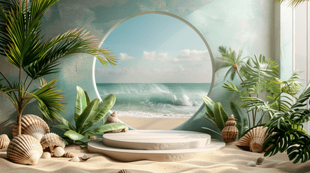 夏天夏季绿色展台大海沙滩海滩椰子树创意素材背景
