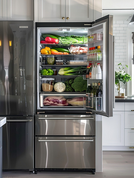创意现代厨房打开的冰箱摄影照片