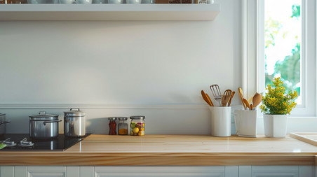 创意白色厨房调料摆放的温馨桌面简约产品展示背景摄影照片