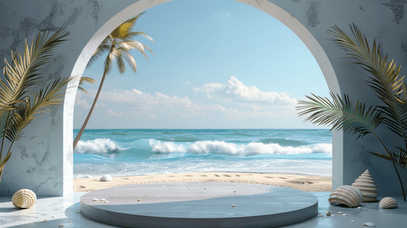 创意展台夏天夏季大海沙滩海滩椰子树合成创意素材背景