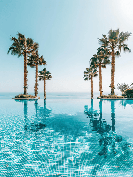 创意夏天夏季海南三亚大海椰子树酒店泳池全景图摄影图