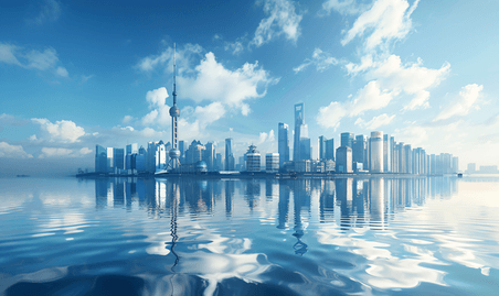 创意美丽上海城市都市商务建筑蓝天风景海上之城