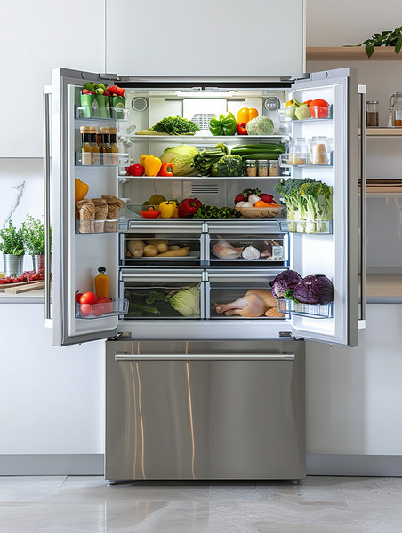 创意现代厨房打开的双开门冰箱高清摄影图