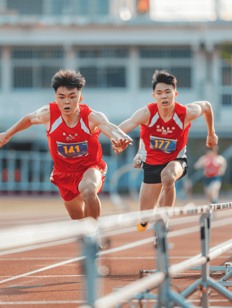 创意亚洲人田径运动员在跨栏体育运动跑步比赛