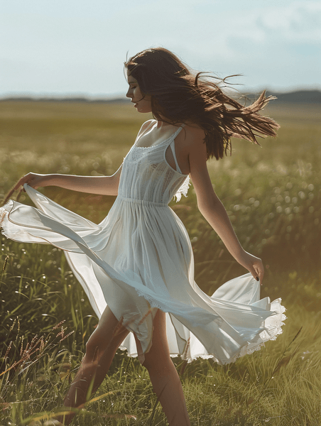 创意清新文艺白天穿着白裙子的美女户外草坪迎风走路模特夏天摄影图